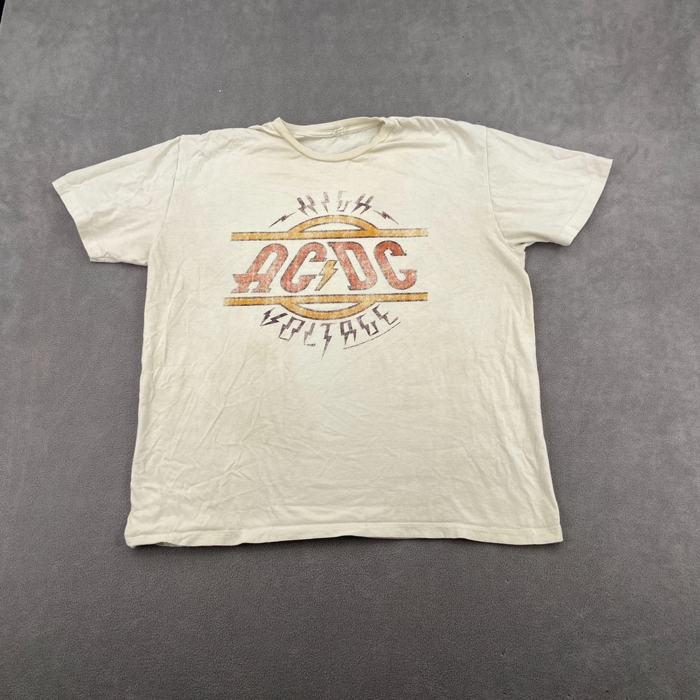 VTG AC/DC High Voltage T Shirt Sz L Cream Graphic Print Y2K 2012 Crew Neck